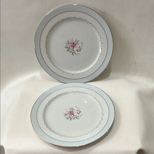 Regency White Blue Silver Trim Pink Floral Rose Set 2 Dinnerware Plate 10 1/4 In
